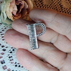Silvertone Letter P Pin & Pendant w/ Sparkly Baguette & Pave Crystals